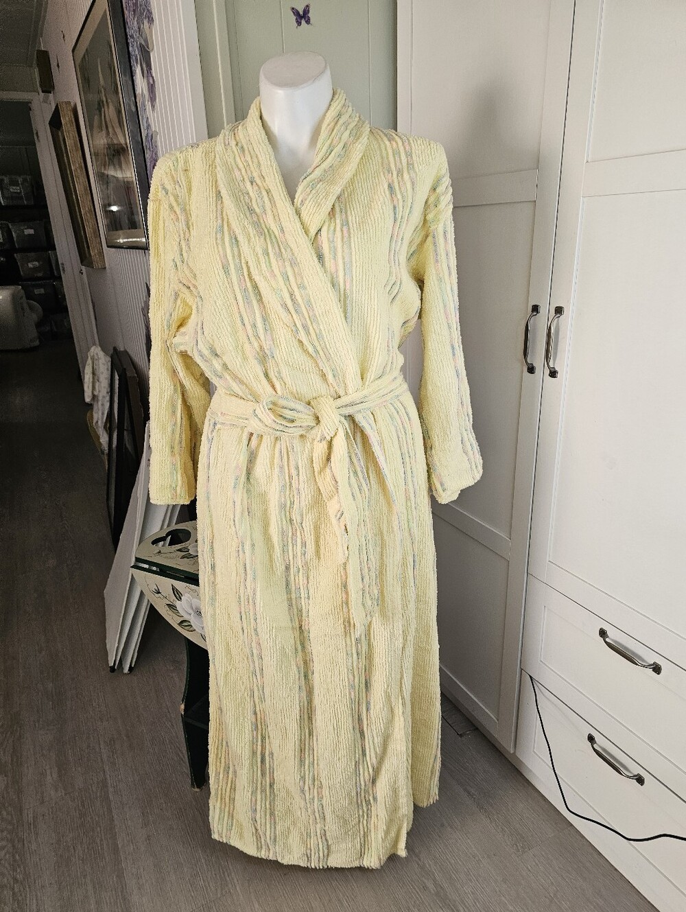 Vintage Vandermere Bathrobe XL Yellow Pastel Stripe Thick Terry Cloth USA Made